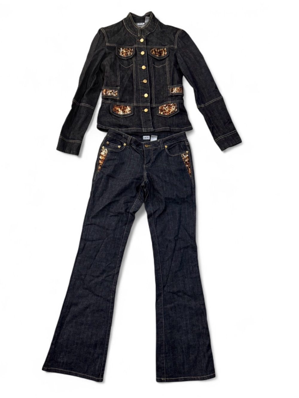 Cache Rare Two Piece Denim Set Wide Leg Jeans Jean Jacket Sequin Detail Size 2